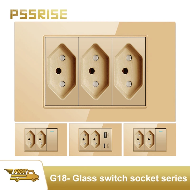 

PSSRISE Brazil Standard Wall Power Socket with 5V 2.1A USB Type-c Charger Tempered Glass Panel Light Switch Wall Outlet 118*74mm