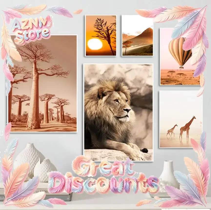 Lion Giraffe Elephant Animal Poster Sunrise Wheat Tree Cliff Hot Air Balloon Canvas Print Painting Nature Landscape Wall Pict