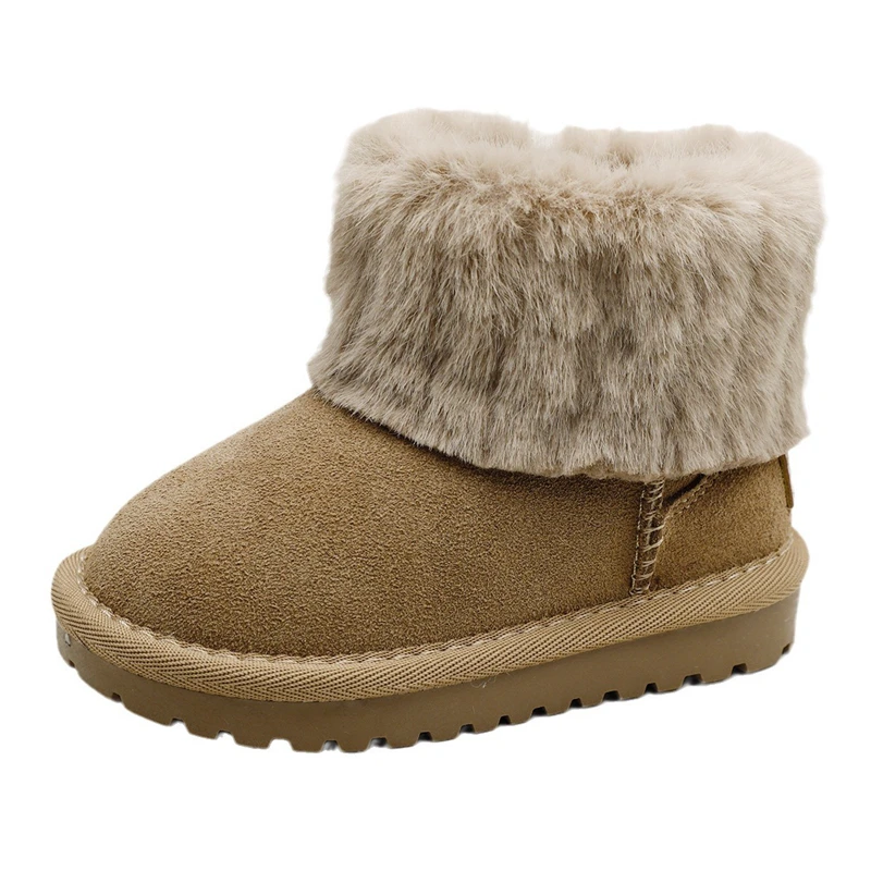 High Quality Snow Boots Kids Boys,Fashion Turned-over Edge Fur Ankle Boots For Children Girls,Solid Suede Leather Warm Walkers