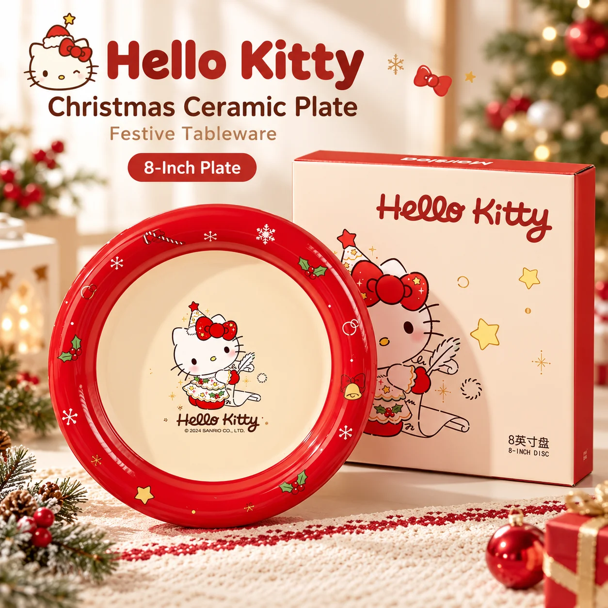 Ins New Sanrio Christmas Red Ceramic Tableware Set Xmas Family Dinner Plates And Bowls Couple Anniversary Gift Dinner Plate