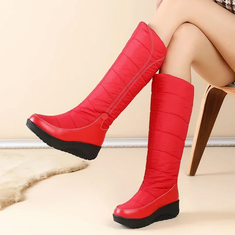 

Winter Women's Fashionable Waterproof High Boots Space Cotton Filled Red Black Options Warm PU Leather Boots