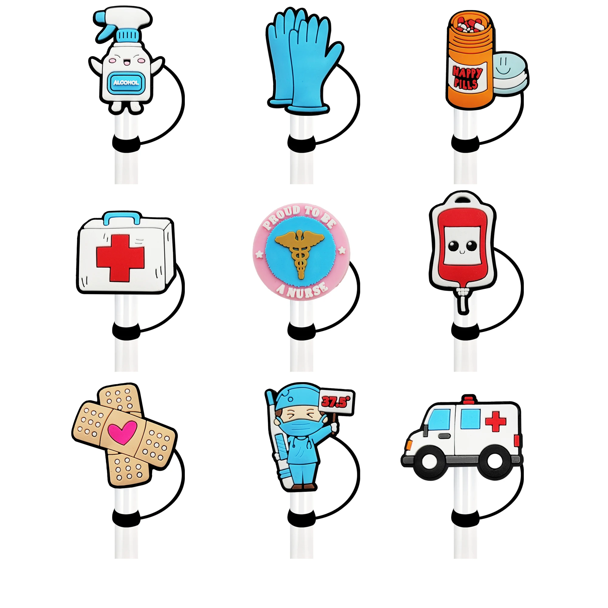 1-9Pcs Medical Series Silicone Straw Topper 10mm Straw Cover Cap Washable Dustproof Straw Topper Cup Straw Cap Charms Pendant