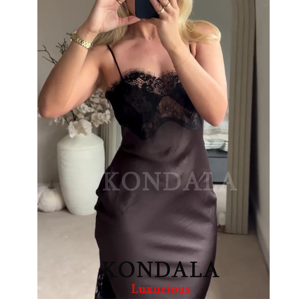 KONDALA Sexy Chocoladebruin Satijnen Kanten Jurk V-hals Corset Midi Feestjurk Mode 2025, Avondclub Nieuwjaar Elegante Jurk
