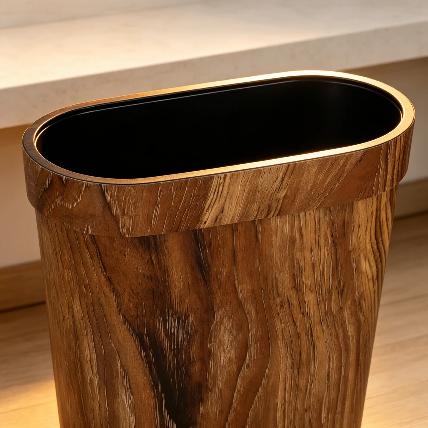 Narrow Oval Wood Grain Waste Bin with Retaining Ring, Slim Open-Top Garbage Container for Bathroom Kitchen Home Decor