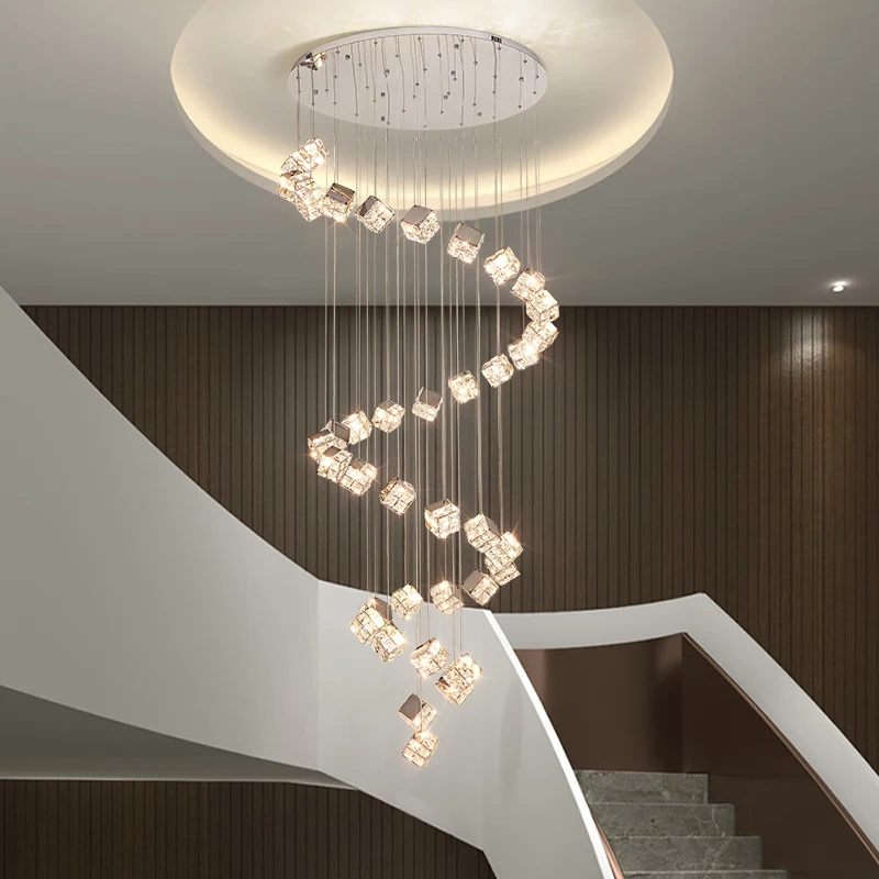 Luxury Crystal Villa Chandeleir Living Room Hanging Lamp Elevated Loft Apartment Floor Rotating Hotel Duplex Floor Pendant Light