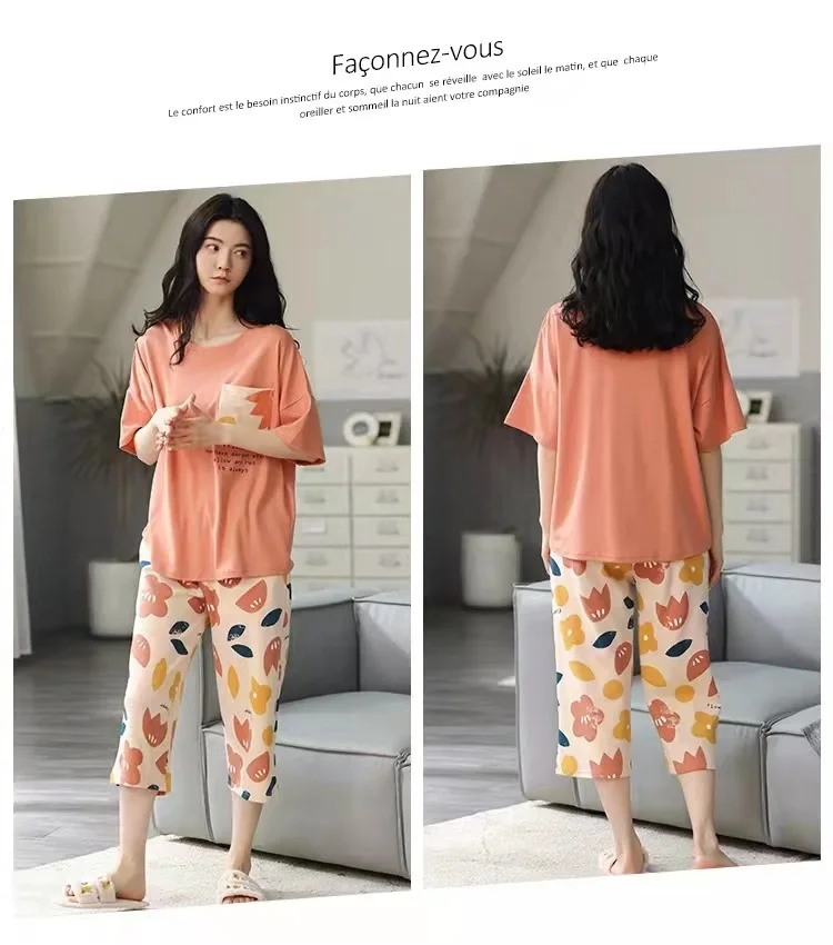 Damen-Sommerpyjama: Kurzarm, 3/4-Länge Hose, Pullover, Rundhals, Bedruckt, Frühling/Herbst-Stil, Übergrößen-Pyjama-Set – Detail 3