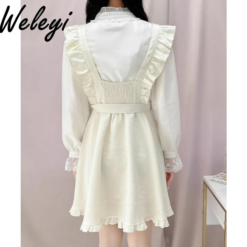 Kawaii Shoulder Strap Pleated Dresses Autumn Buckle Belt Women's Clothing Slightly Fat A Word Suspender Medium and Long Kleider