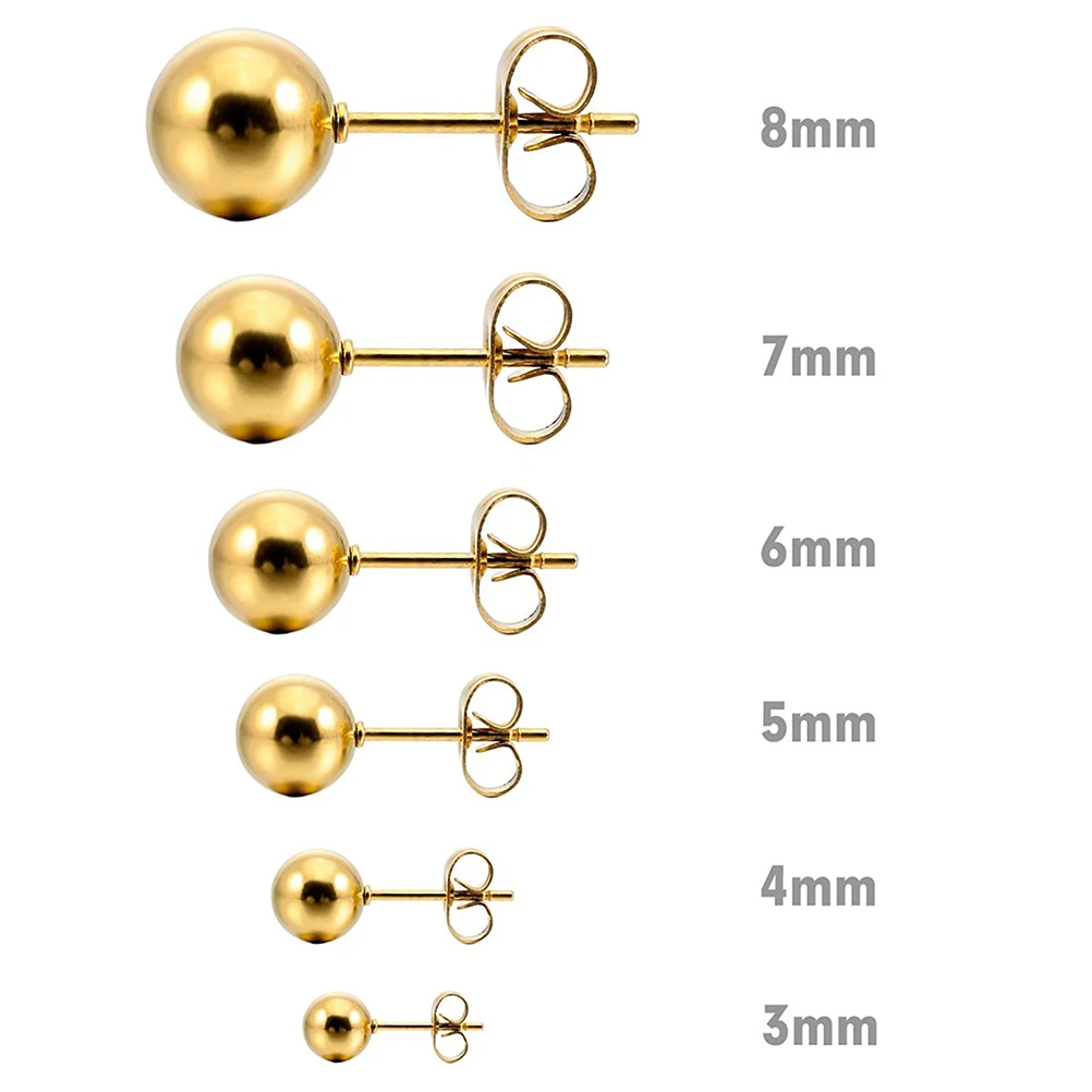 

6 Pair Stainless Steel Bead Ear Piercing Earrings with Size 3mm 4mm 5mm 6mm 7mm 8mm for Jewelry Decoration (Gold)