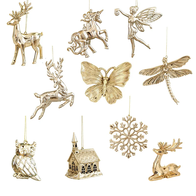 شجرة عيد الميلاد الذهبية معلقة الديكور الأيائل فراشة الملاك ندفة الثلج المعلقات 2025 عيد الميلاد ديكور المنزل هدايا السنة الجديدة