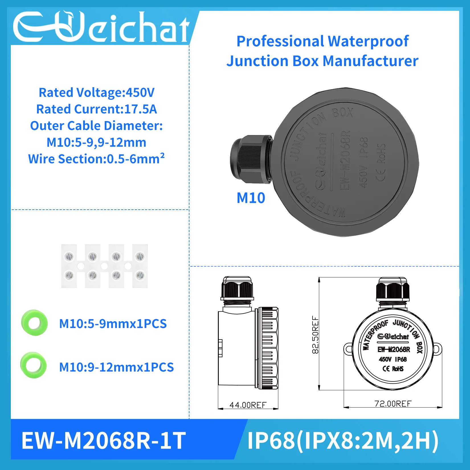 EW-M2068 IP68 Waterproof Junction Box Electrical Cable Connector Outdoor Sealed Wiring Terminal Block Rainproof Connector