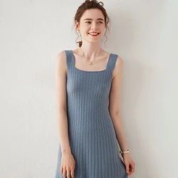 Spring Autumn Women Dress Longer Dress Cashmere Knitted Jumpers 2024 New Fashion Soft U-Neck Sleeveless Female Mid-calf Pullover