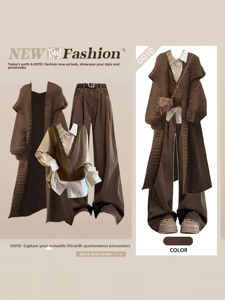 

Winter Commute Simple Knitted Cardigan Coat Shirt Vest Wide Leg Pants Four Piece Set Women Slimming Fashion Ensemble