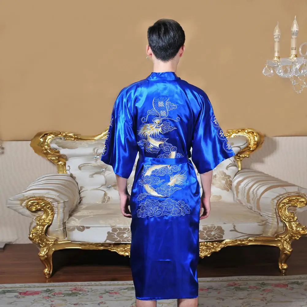 Men Chinese Style Nightgown Dragon Embroidered Men's Satin Nightgown with Chinese Style V Neck Lace-up Strap Tang Suit for Home