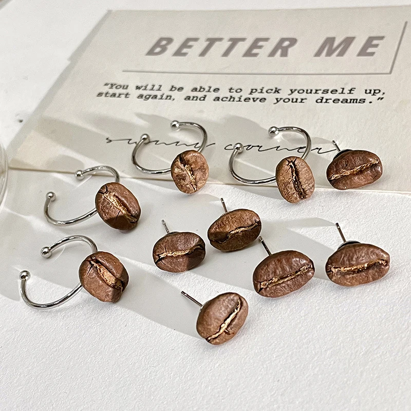 Creative Cute Coffee Bean Earrings Niche Design Coffee Bean Ring Coffee Lover Gift