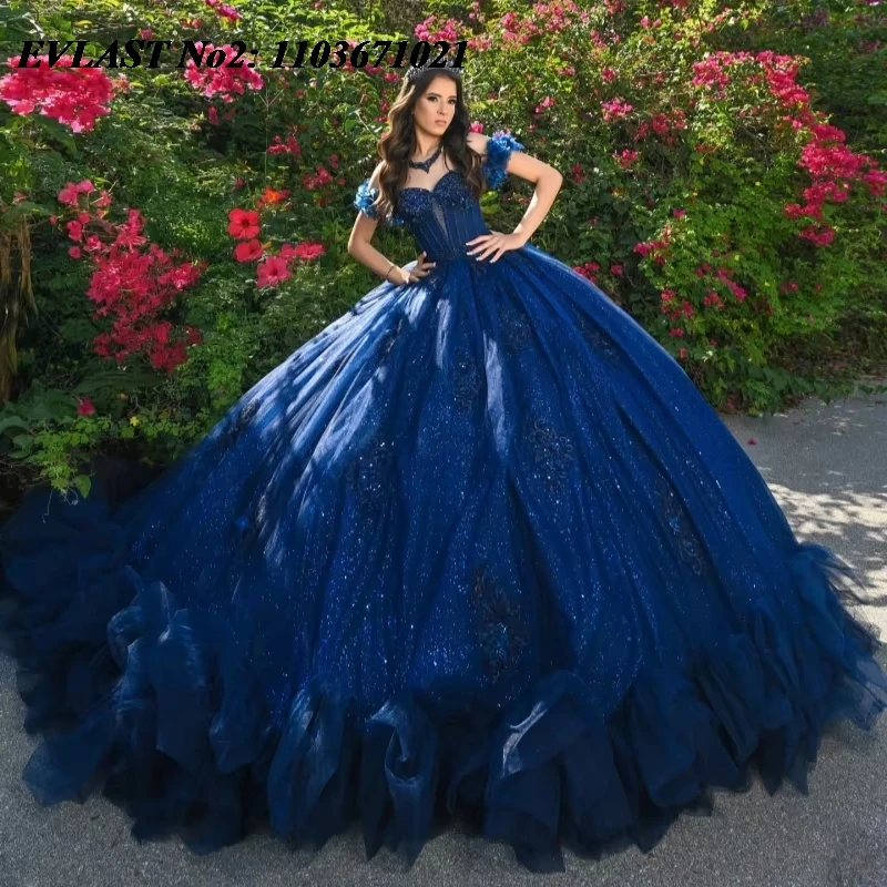 فستان Quinceanera مخصص للأميرة باللون الأزرق الداكن من EVLAST فستان حفلة لامع مزين بالخرز متدرج حلو 16 فيستدوس دي 15 أنوس E2Q25