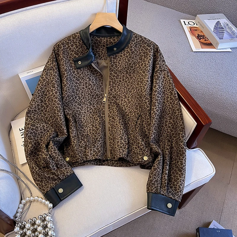

Leopard Jacket Women Spring Autumn New American Style Vintage Zipper Short Coats Fashion Stand-up Collar Casual Temperament Tops