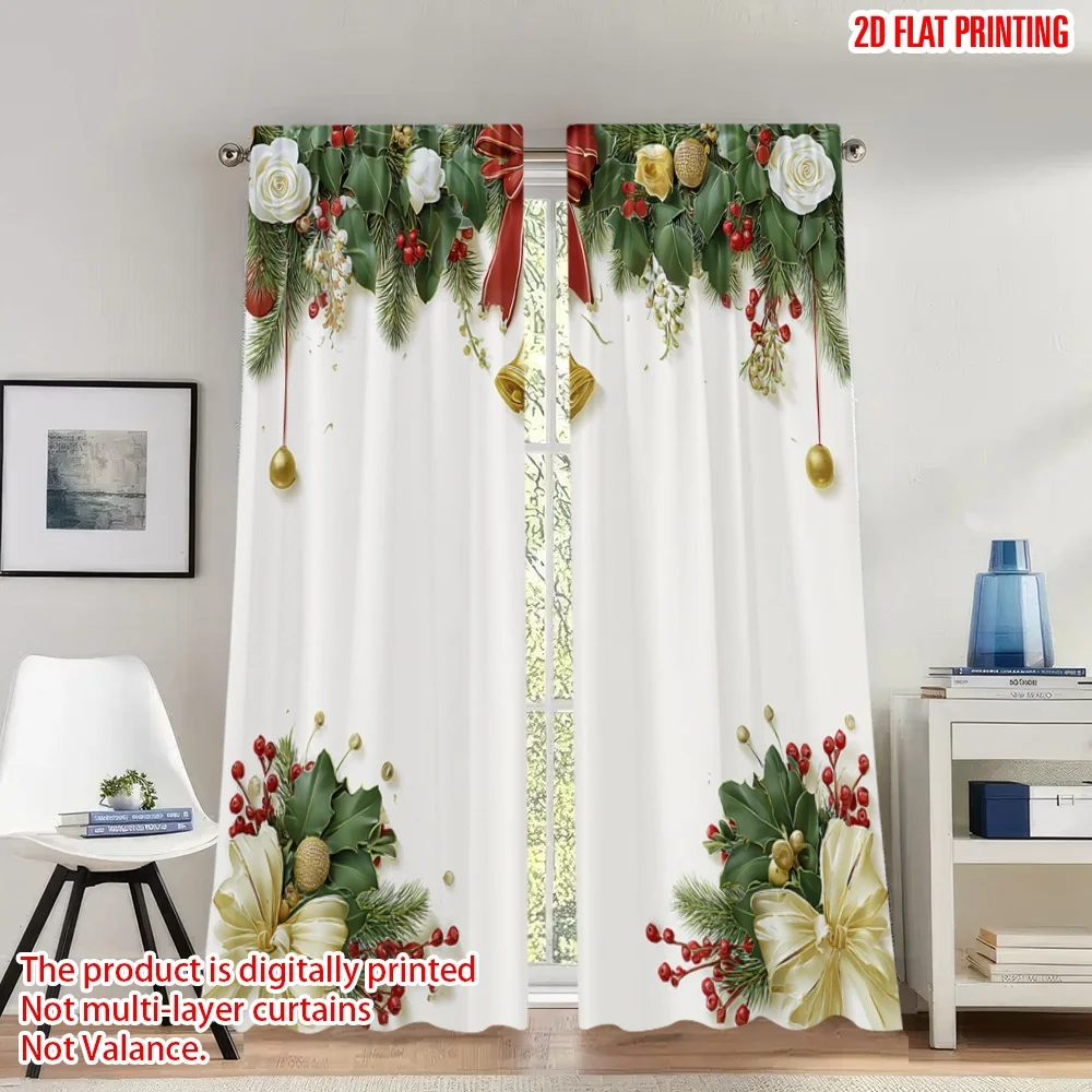 

2pcs 2D flat printing Christmas Scene Curtains Christmas Holly Bells White Roses_a Digital Printed Polyester Drapes Birthday