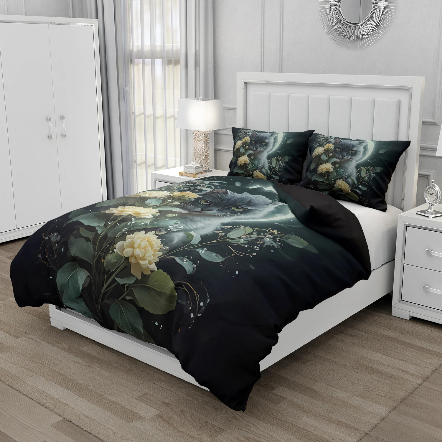 King Size Cat Bedding Set – 3D Printed Duvet Cover Set Bed Linen 240x220cm Queen Luxury Bedrooms & Gifts (Cat, flowers, moon)