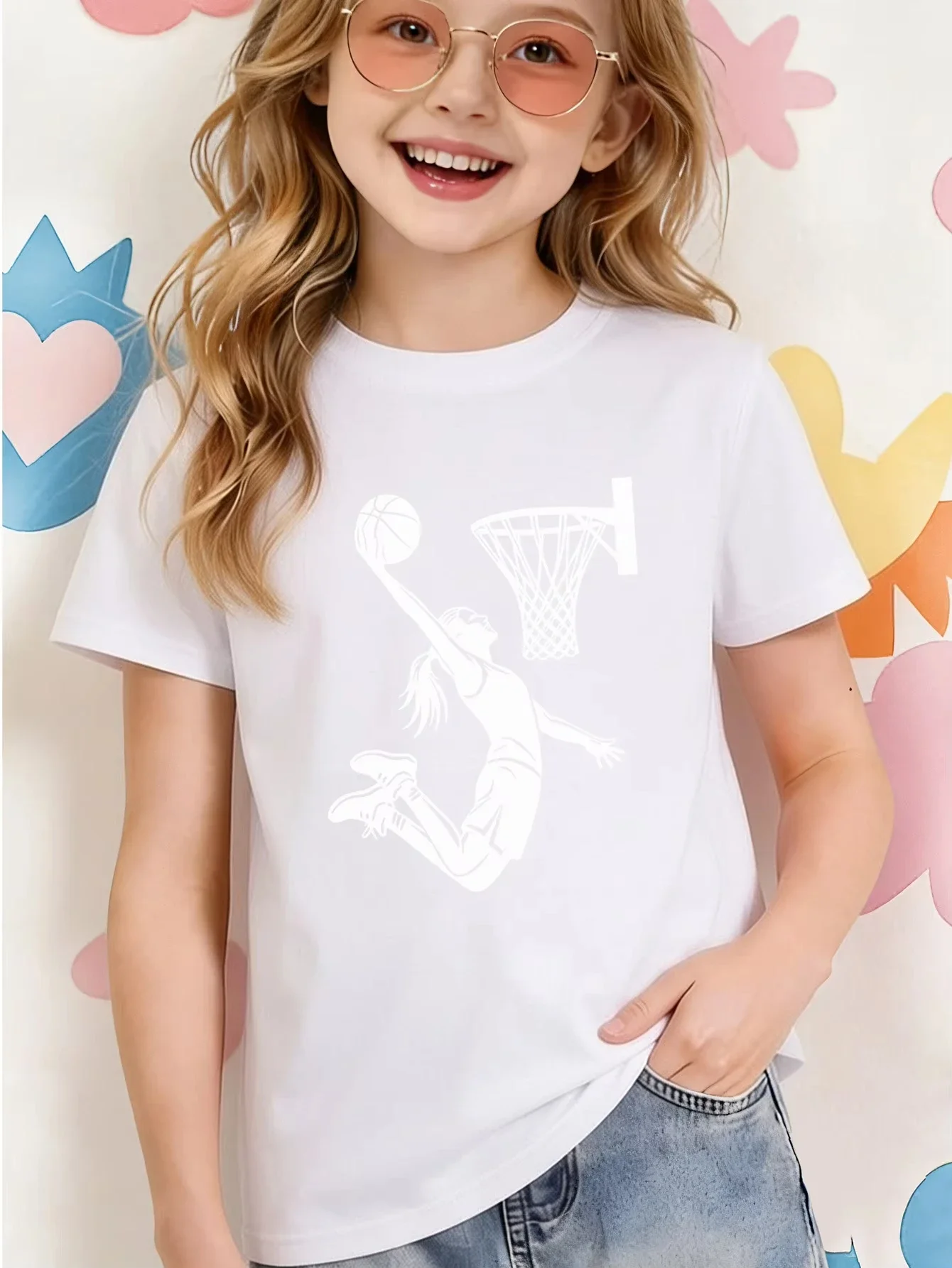 Girl Basketball Player Dunk Silhouette Print Kids Short Sleeve T Shirt Girls Casual Crew Neck Basketball Lover Tops