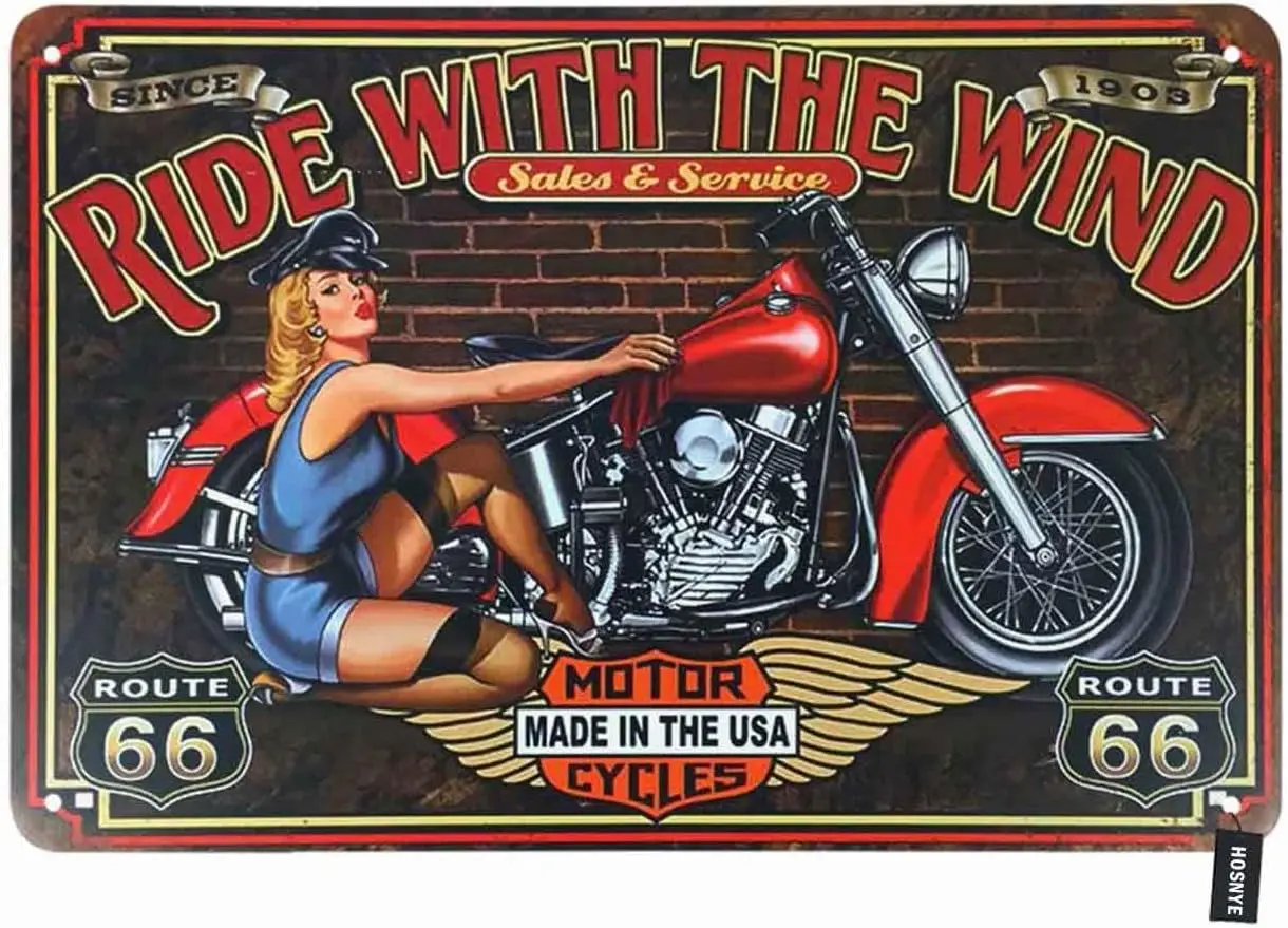 HOSNYE Motor Cycles Pin Up Girl Tin Sign Beautiful Woman Quote with Ride with The Wind Red Backdrop Tin Sign Vintage Metal T 1pc