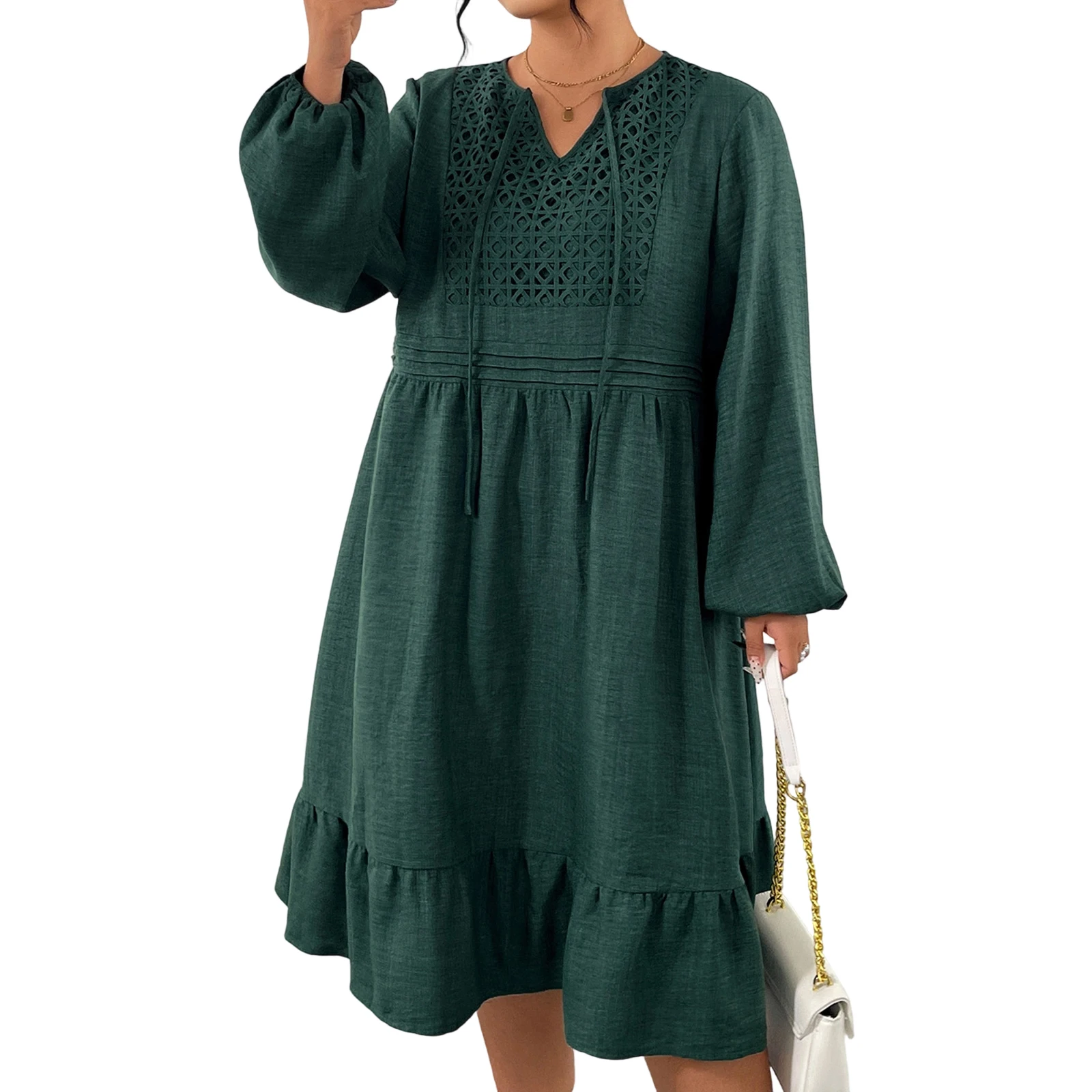 

Элегантное женское осеннее платье больших размеров, модные весенние женские платья миди с длинным рукавом и круглым вырезом, высокой талией и завязками