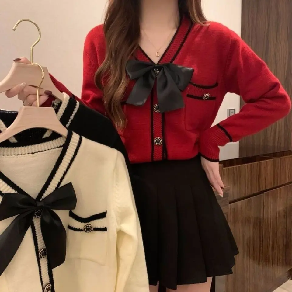 2023 Autumn New Fashion Small Fragrance Top Design Sense: A Small Crowd Bow Tie up Sweater Coat Women\'s Cardigan