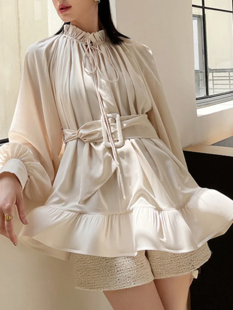 LANMREM Vintage Beige Color Ruffle Shirt Women Stand Collar Lace Up Long Sleeves Belt Shirts 2025 New Fashion Clothes 2DC1358