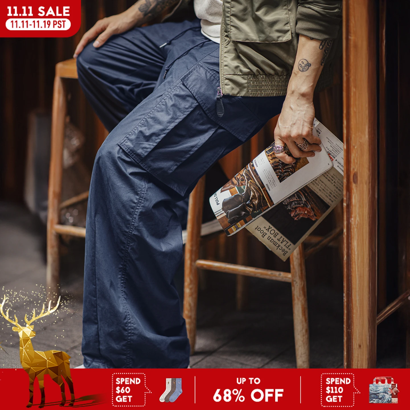 

Мужские легкие повседневные брюки Maden в стиле ретро с большими карманами, прямые брюки, синие тканые длинные брюки на весну и осень Streetwaer