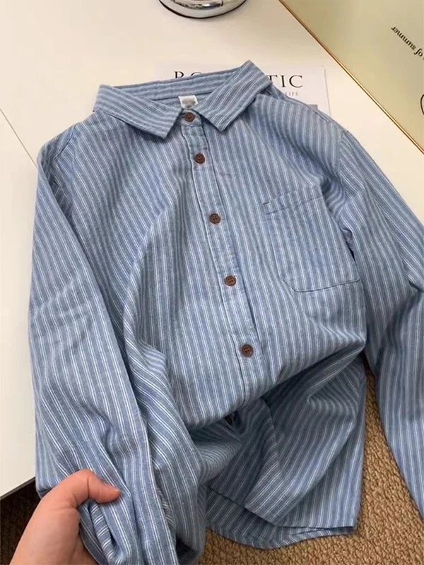 Elegant Light Blue Vertical Striped Long Sleeve Women's Shirt Spring Fashion Loose Fit Slimming Versatile Beautiful Top