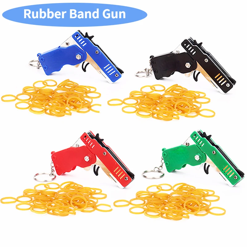 All Metal mini Can be Folded As a Key Ring Rubber Band Gun Children's Exquisite Gift Toy Six Bursts of Rubber Toy Pistol Toy Gun