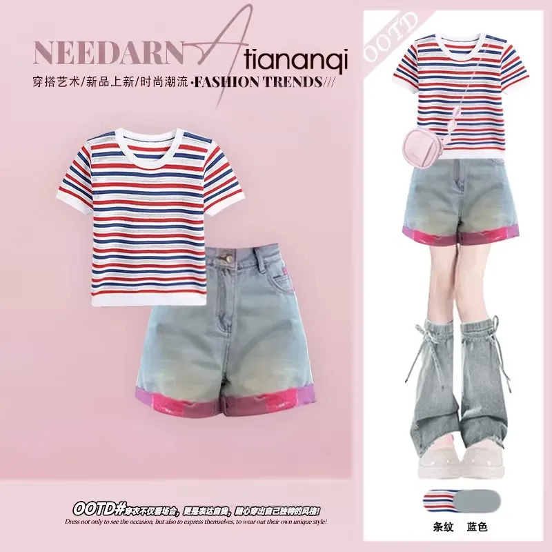 

Spring and Summer Korean Striped Short Sleeved T-shirt Blue Shorts Casual and Fashionable Two-piece Set
