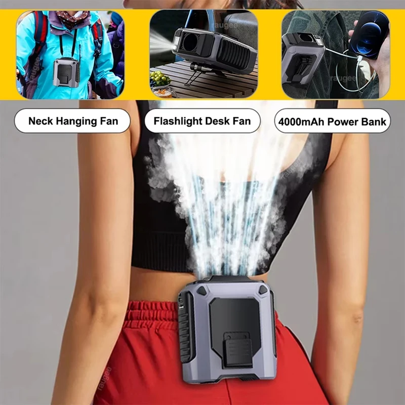 Waist Clip Fan Portable Mini Hanging Neck Fan 4000mAh USB Rechargeable Fan LED Light Small Camping Waist Fan-A12I