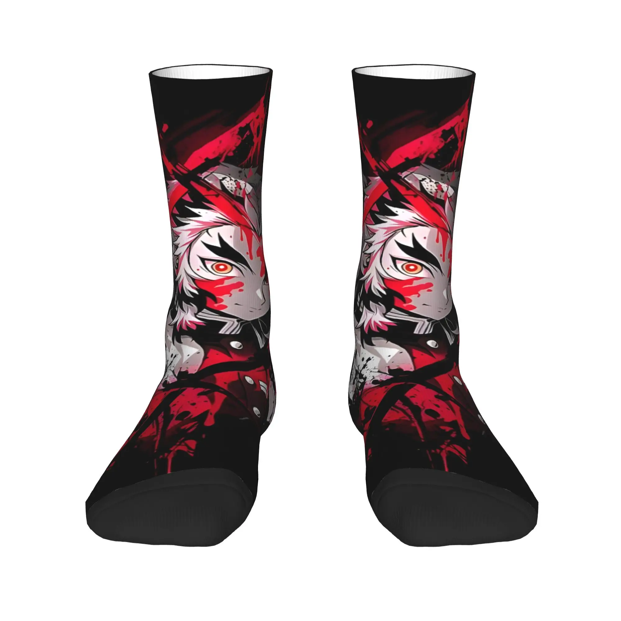 Funny Sock Bandai Demon Slayer Kyojuro Rengoku Blood Splash Anime Rock Quality Pattern Printed Men Crew Socks Casual Men's Socks