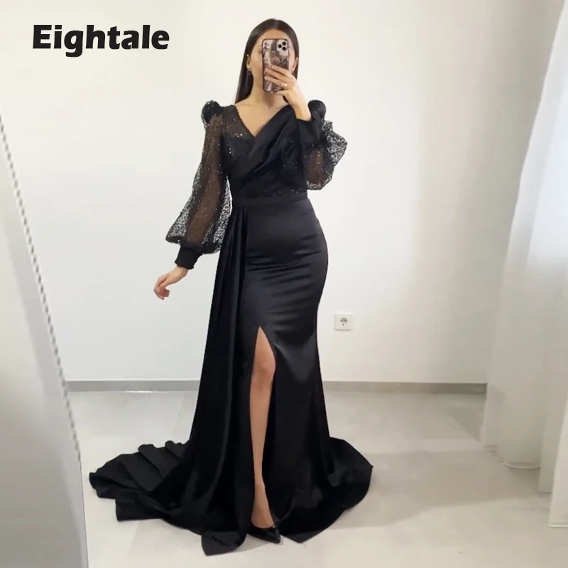 

Eightale Evening Dress for Wedding Party V Neck Black Glitter Long Puffy Sleeves Mermaid Prom Gown Satin Formal Celebrity Gown