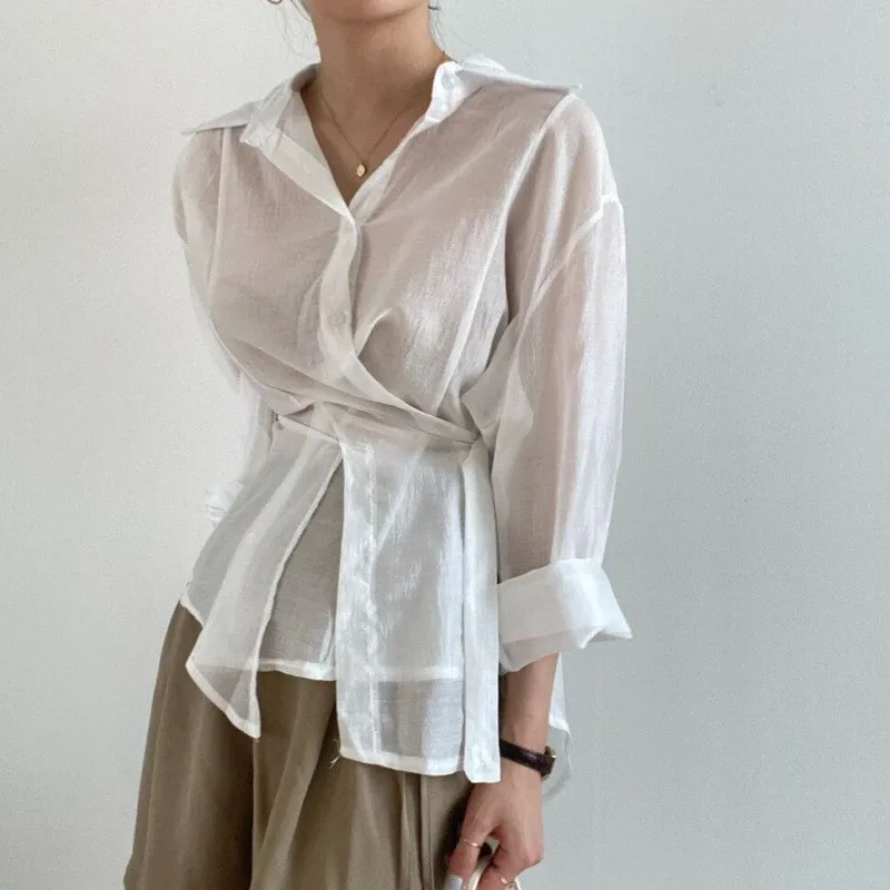 Elegant Office Long Sleeve Women Shirts Spring Autumn Casual Loose Lace-up Blouses 2025 Fashion Thin Style Solid Color Tops Lady