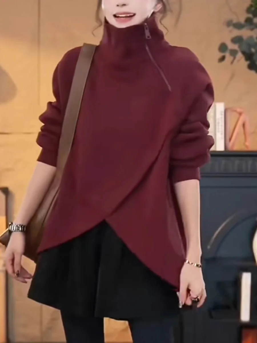 

Уличная одежда, уникальная однотонная толстовка с нерегулярной боковой молнией и подолом, водолазка с длинным рукавом, женская мода большого размера, большие размеры Y2K