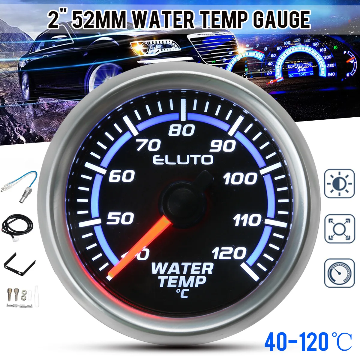 2 inch 52mm Car Water Temperature Gauge 40-120°C / 80-260°F Blue LED Display Universal 12V Water Temp Meter Pointer Meter