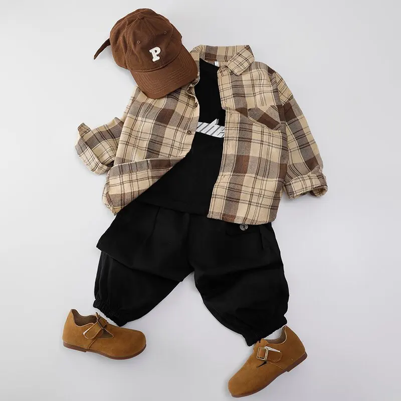 

Autumn Blouses & Shirts New Spring Boy Shirt Plaid Long-sleeved Children's Fashion Tops Boys Handsome Spring Jacket Shirt