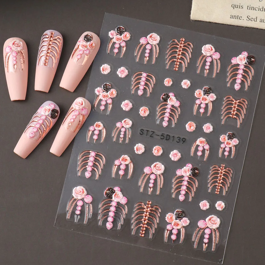 Cage à ruban de crâne d'halloween 5D, décoration de manucure auto-adhésive en relief sur le thème d'halloween avec décalcomanie d'ongle d'os de main Vintage Rose dorée