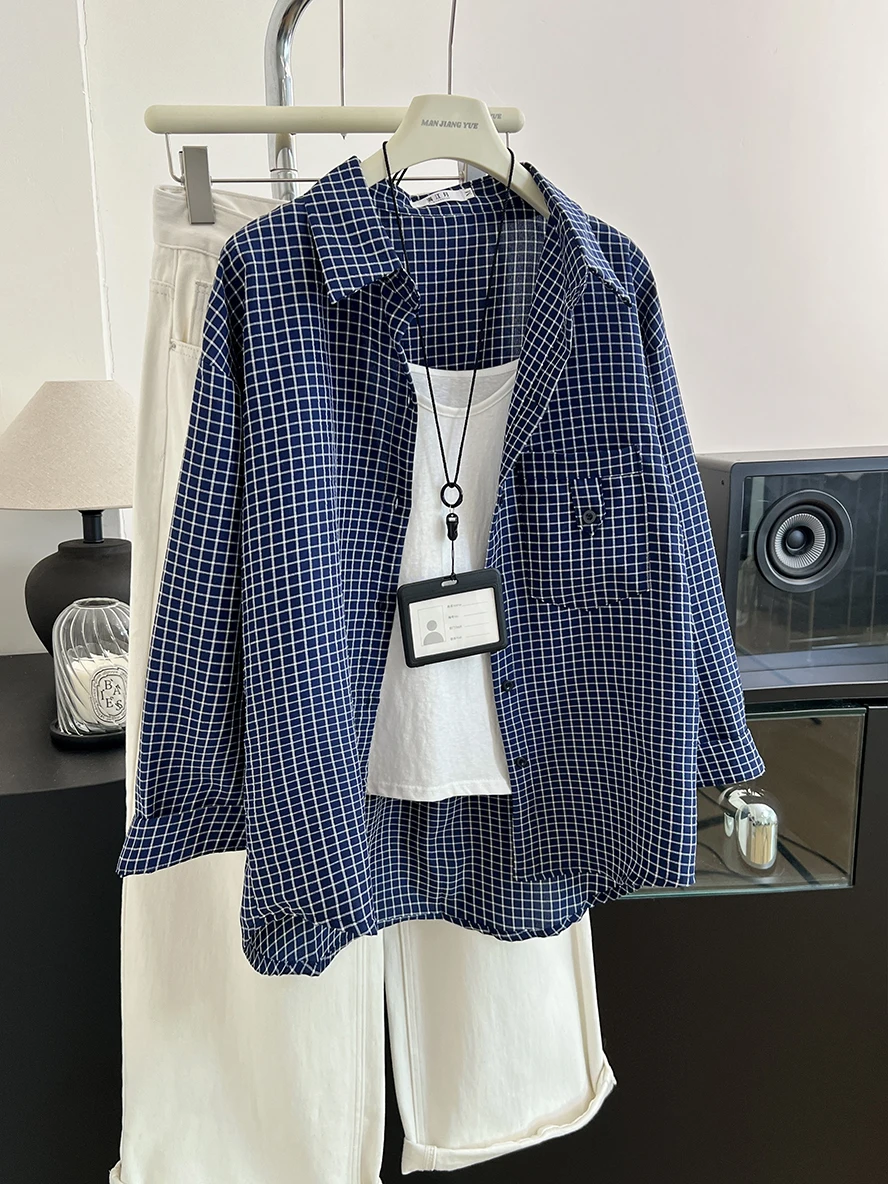 เสื้อเชิ้ตผู้หญิงสไตล์วินเทจ แขนยาว ลายสก็อต ทรงโอเวอร์ไซส์ แฟชั่นฤดูใบไม้ร่วง ฤดูหนาว เสื้อทรงหลวม ปกเสื้อแบบปกเชิ้ต เสื้อทรงหลวม