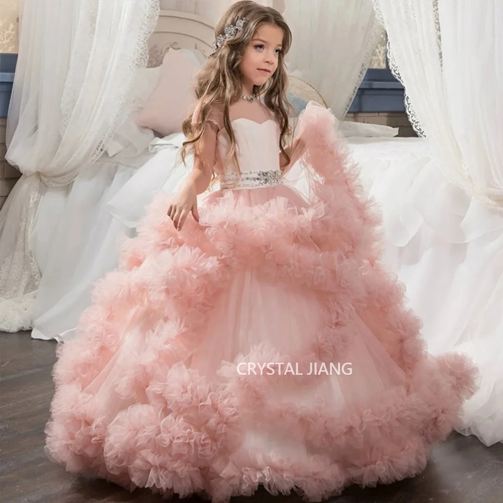 

Vintage Long Pink Sweetheart Tulle Flower Girl Dresses Sleeveless with Bow Ball Gown Floor Length Vestidos Para Niñas