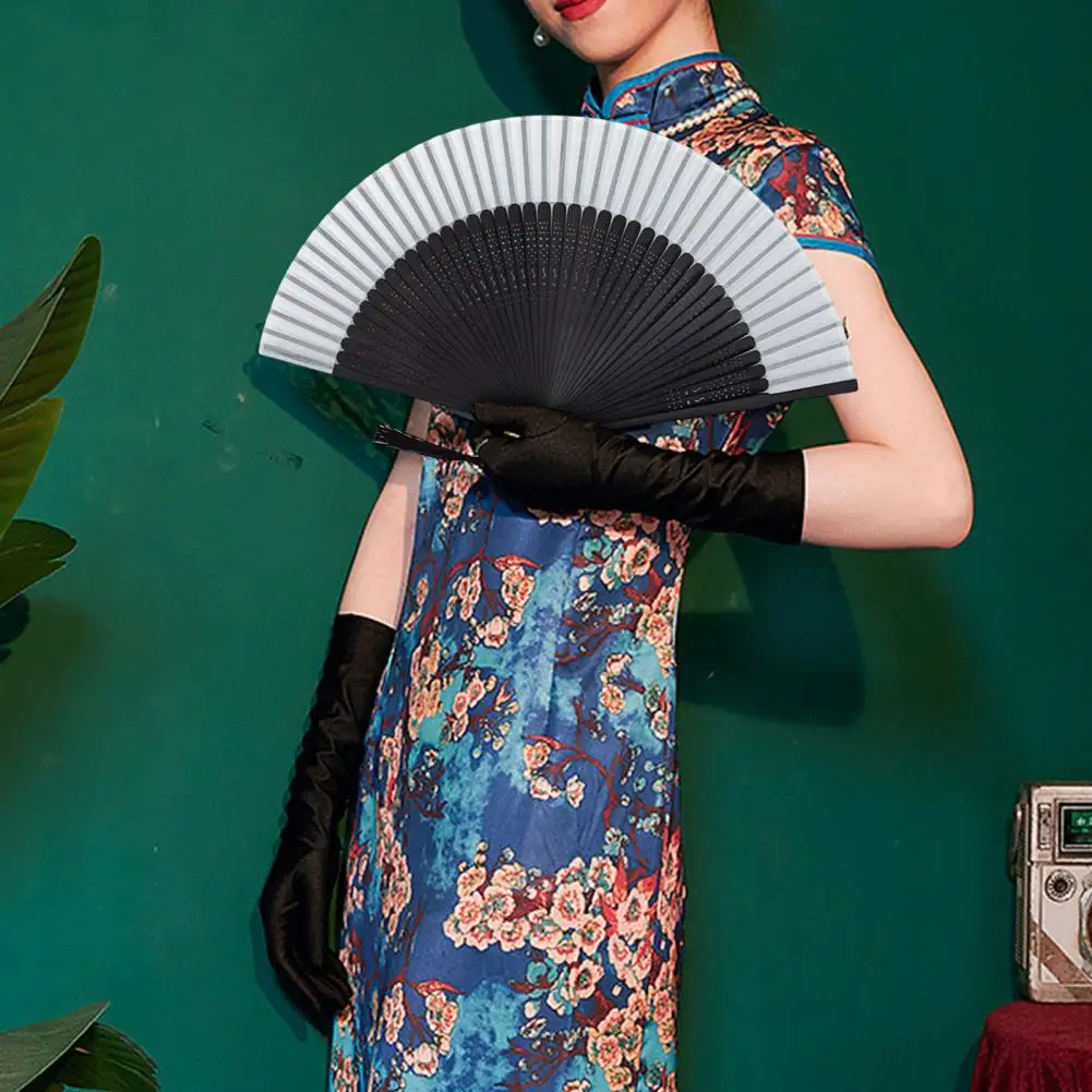 Folding Fan with Tassel Leopard Print Floral Design Chinese Style Women Archaistic Dancing Prop Fan for School Home Decoration