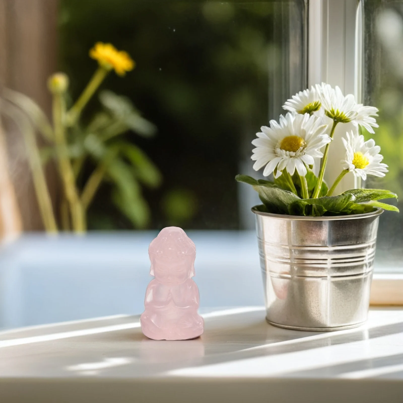

Rose Quartz Carving Pink Baby Buddha Statue Decorative Handmade Meditation Feng Shui Sculpture Dash Office Health