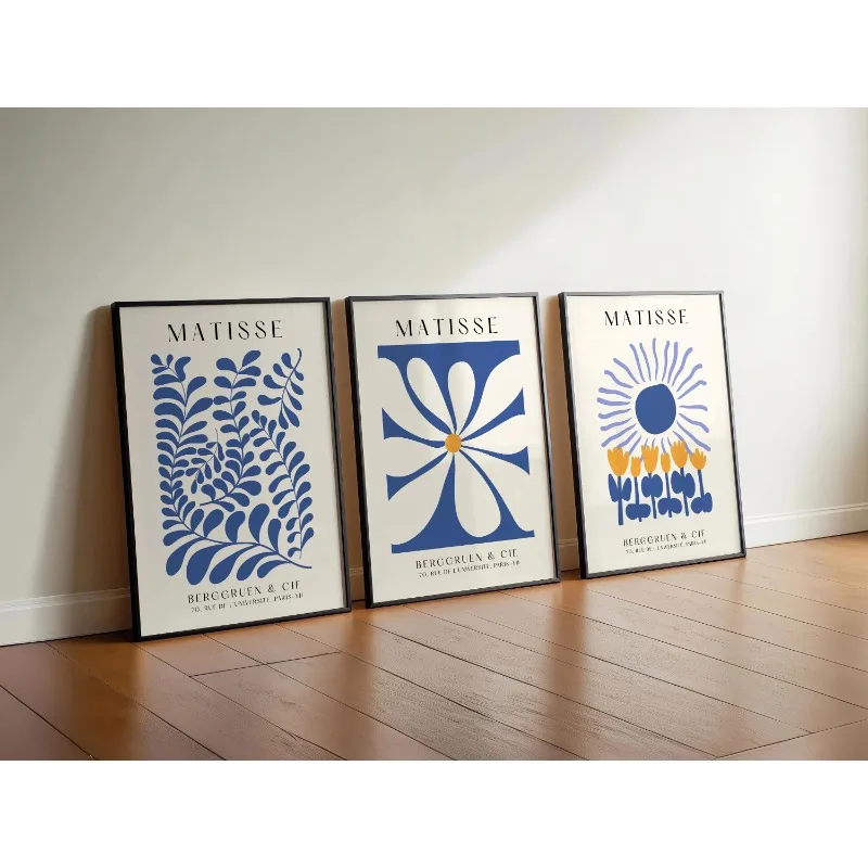 Blue Matisse Prints Set of 3 Prints – Abstract Wall Art Trio | Navy Matisse Prints | Minimalist Blue Botanical & Floral Posters