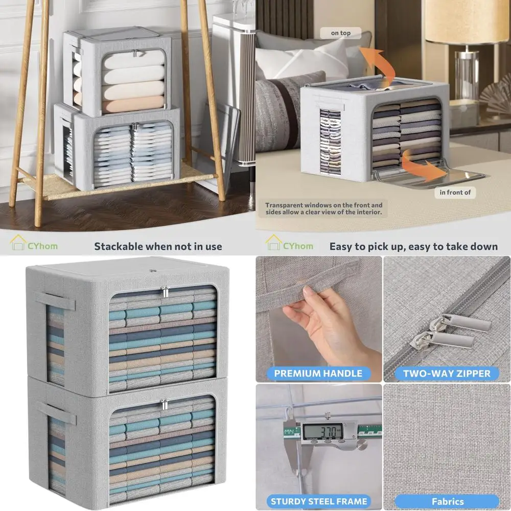 

Large Fabric Storage Bins with Clear View & Handles, Stackable Linen Organizers, 100L, Light Grey