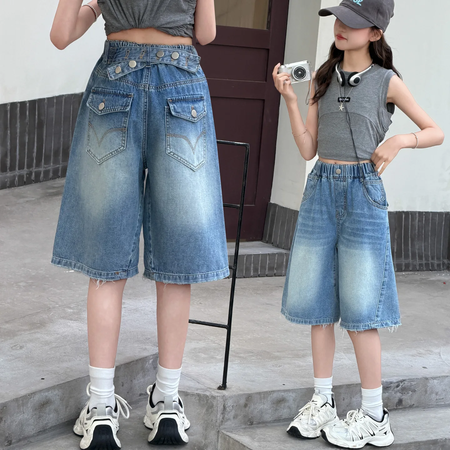 Kids Trendy Denim Shorts With Back Waist Buckle For Teen Girl Casual Streetwear Knee Length Pants Child Mid-Calf Jeans Capri