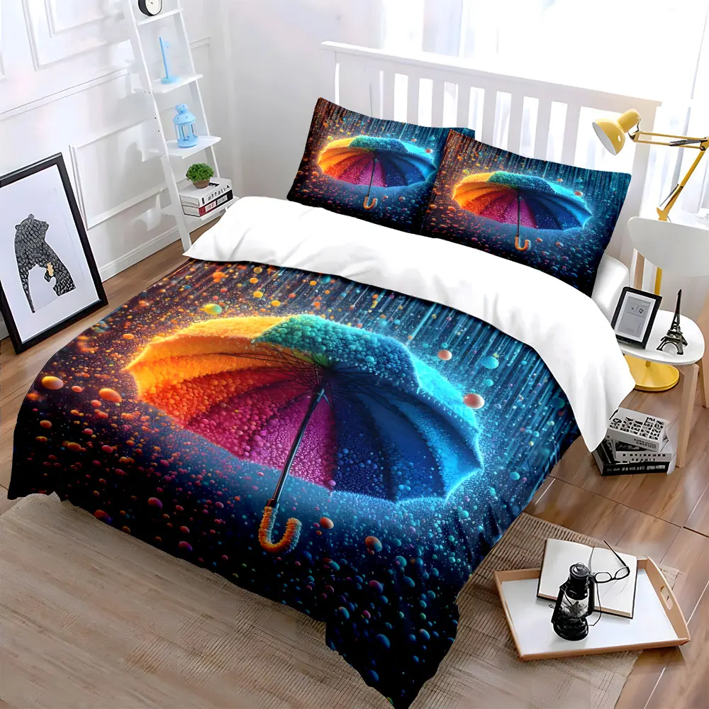 Colorful Umbrella and Dreamy Particle Rain Bedding Set for Kids Luxury Gift 3pcs Digital Print Comforter Set Soft Comfortable