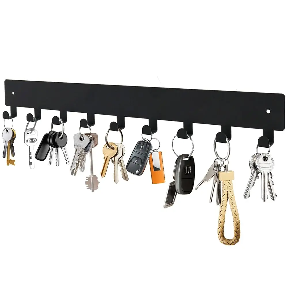

Настенный держатель для ключей с 9 крючками, металлическая подставка для ключей, черная вешалка для ключей для прихожей, кухни, гостиной, офиса.