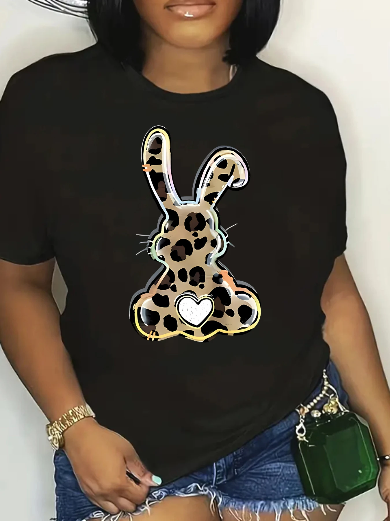 

Leopard rabbit pattern women trendy short sleeved T-shirt summer daily top polyester fiber fashionable women clothing