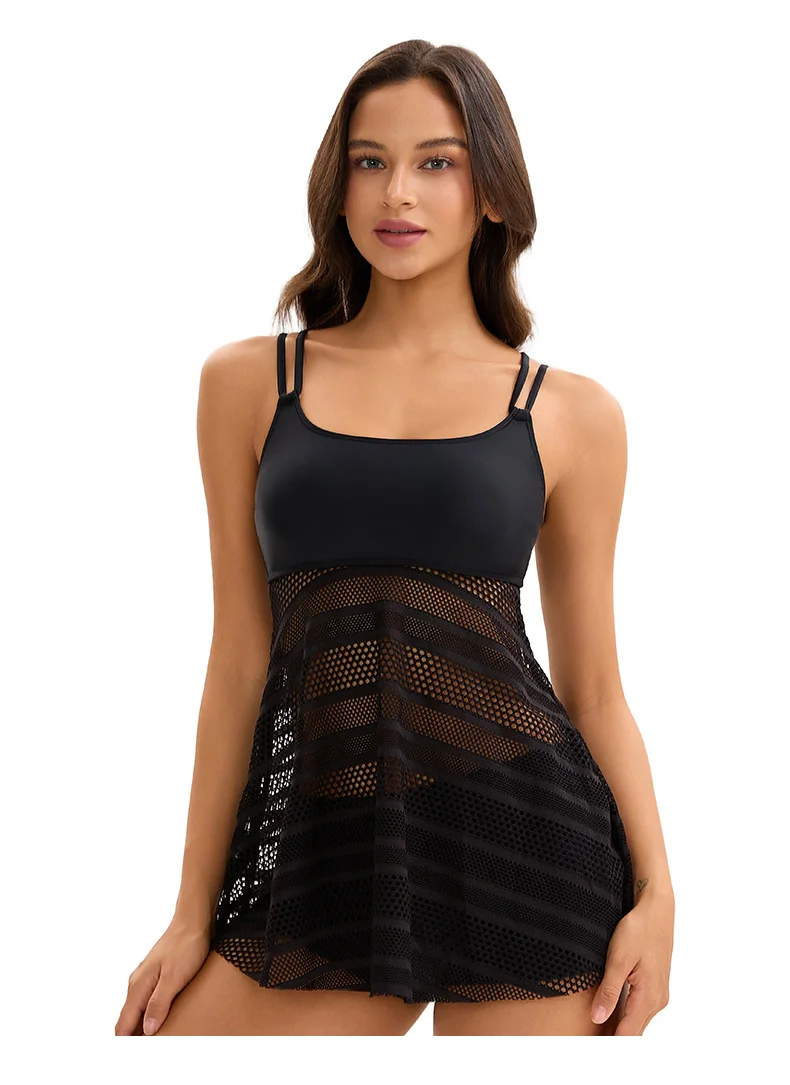 Women's 2-Piece Tankini Set - Mesh Panel Cami Dress Top + Boy Short Bottoms, Black Sexy Swimwear for Beach Vacation